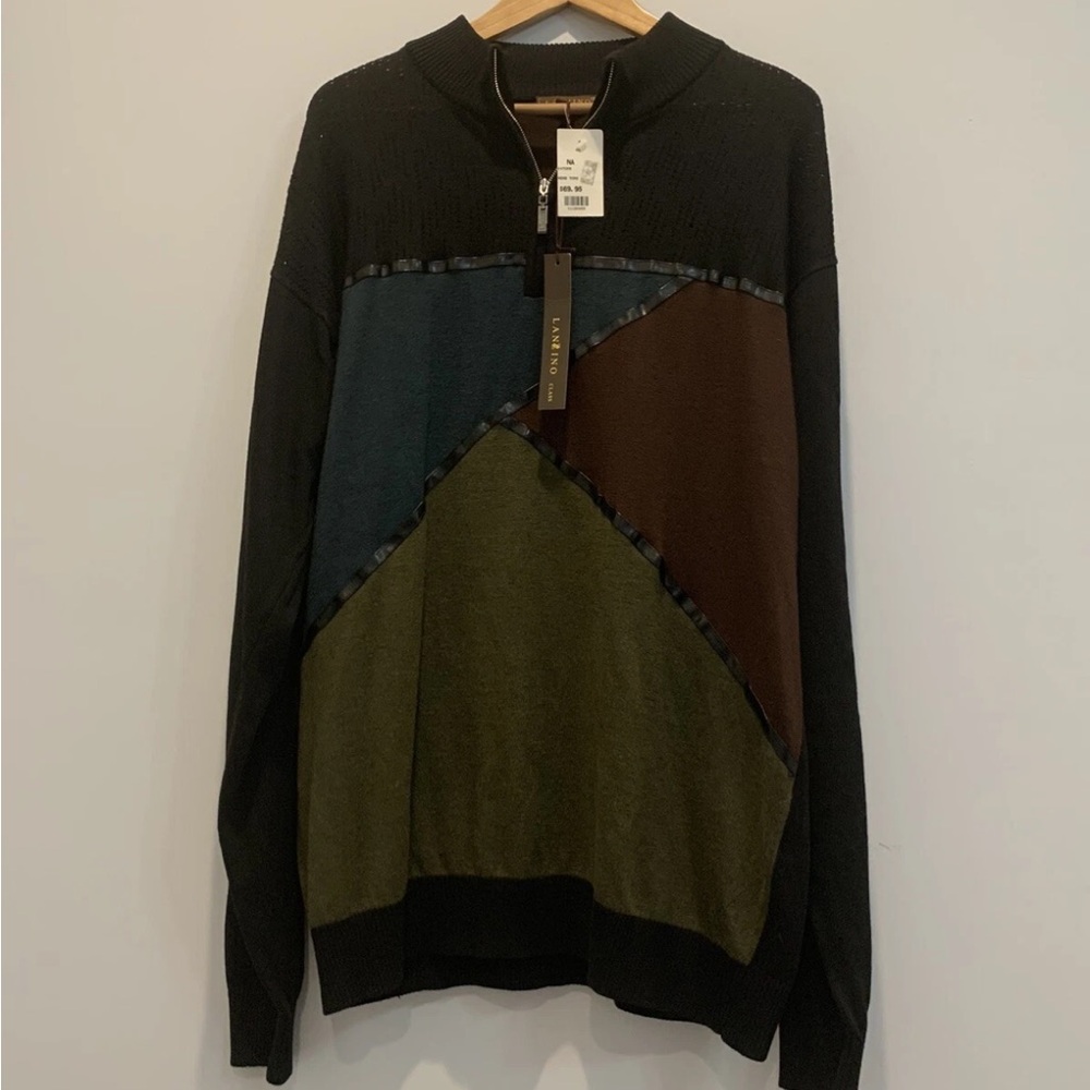 Lanzzino Men’s 1/4 Zip Sweater. Size XXL. Black With Geometric Patterns On Front